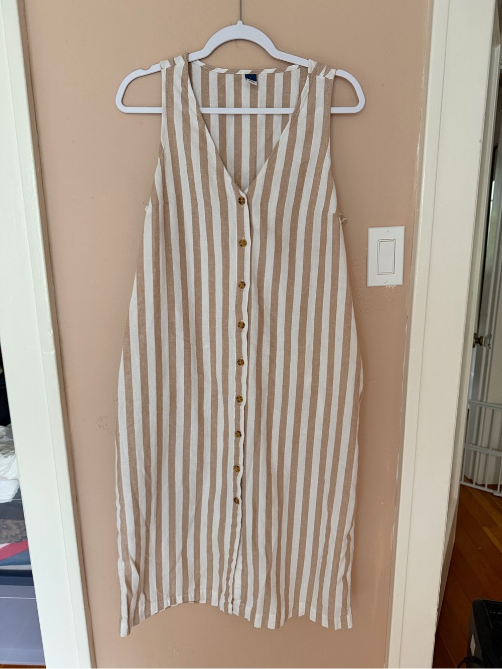 Old Navy Beige and White Striped Button Midi Dress with Corset back and Pockets